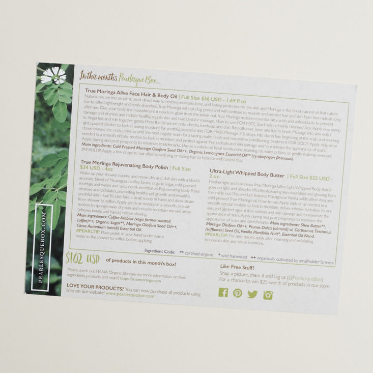 Info card for the Pearlesque Box October 2017 Box featuring Pure Moringa