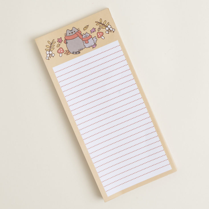 Notepad with Pusheen and Stormy wearing scarves with leaves and mushrooms