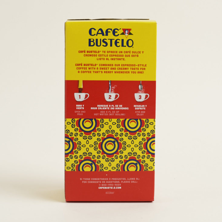 back of Cafe Bustelo instant cafe con leche box