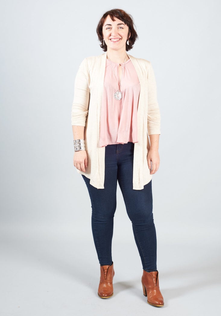 pink top and ivory cardigan