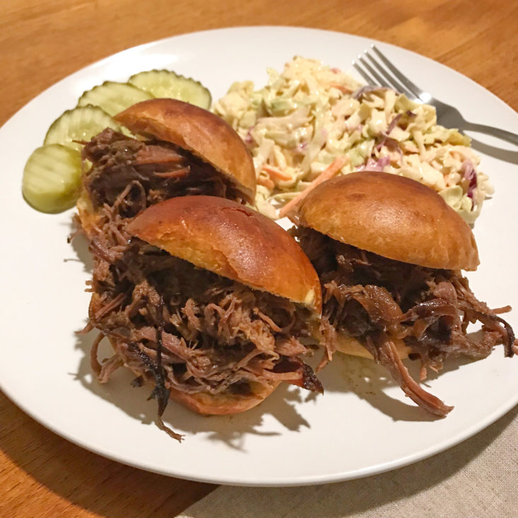 close up of Pulled BBQ Beef Sliders with coleslaw on plate