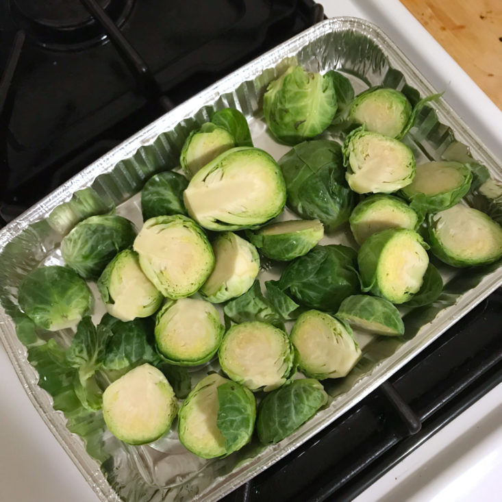 halved raw brussels sprouts in tin