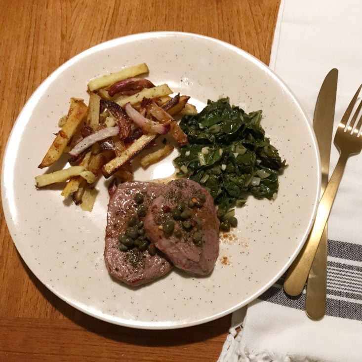 Plated Beef Medallions & Brown Butter Caper Sauce with Italian-Spiced Potatoes & Turnip