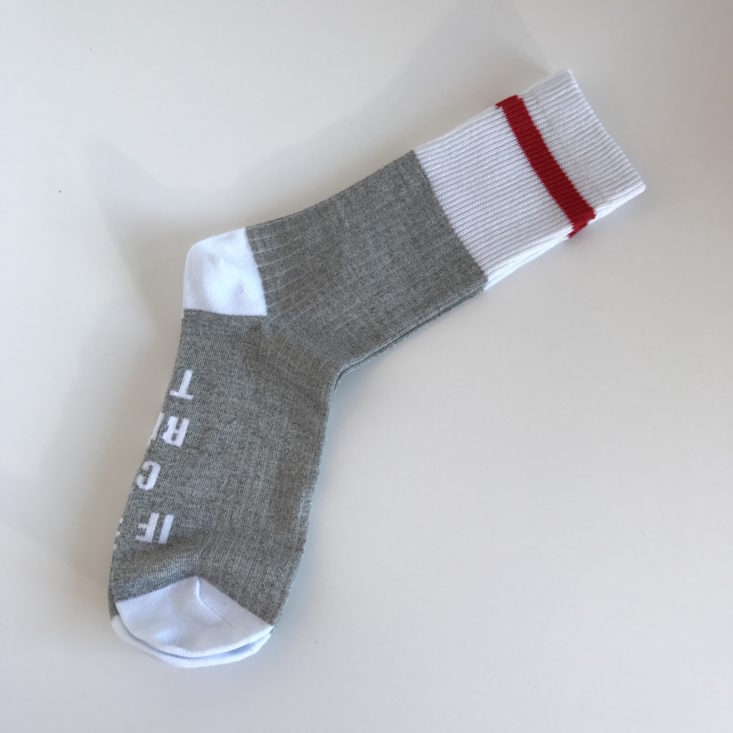 gray, white and red color blocked socks