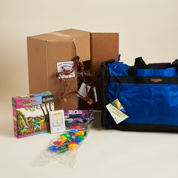 all items inside the monthly mystery box of awesome for december 2017