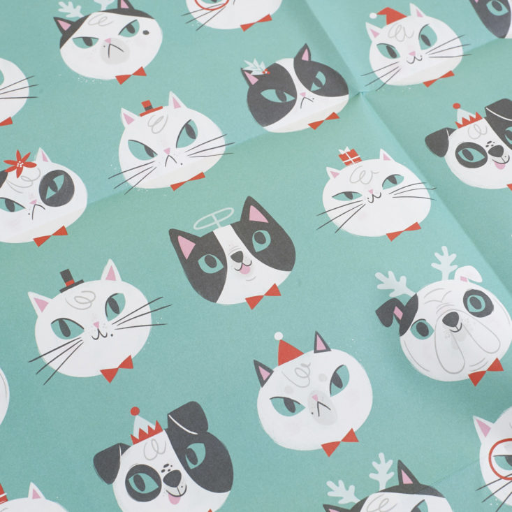 close up of cat and dog patterned wrapping paper by allison black