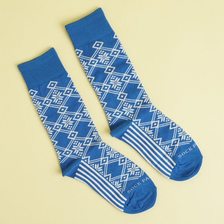 Blue and white snowflake patterned socks