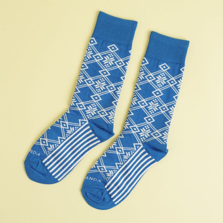 other side of Blue and white snowflake patterned socks
