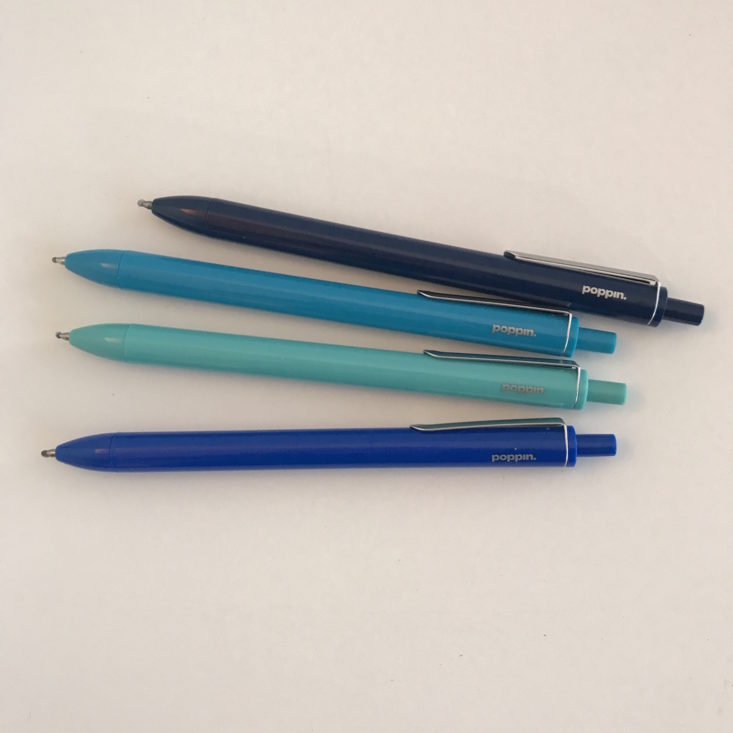 Set of Four Retractable Gel Luxe Pens unpacked and next to each other