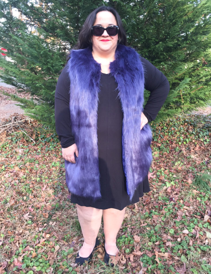 purple faux fur vest on model
