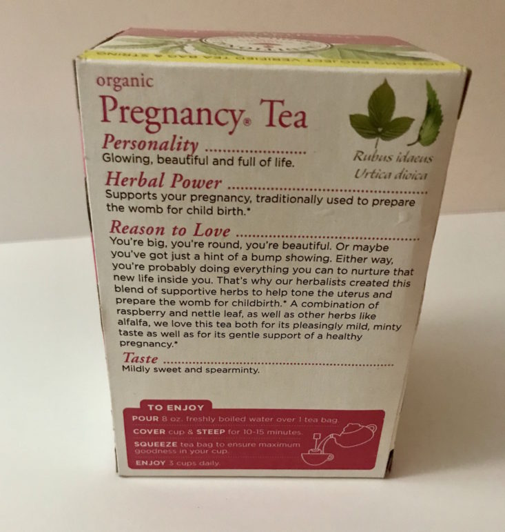 Amazon Second Trimester Maternity Box Jan 2018-Tea side of box