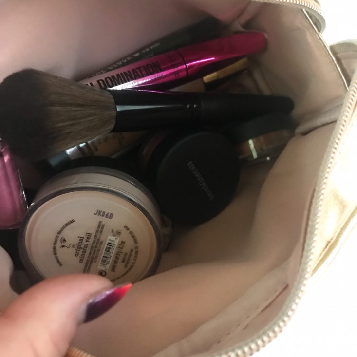Makeup Bag in Rose Gold with makeup inside