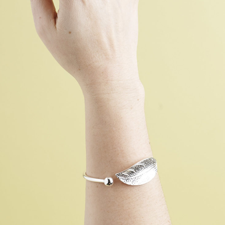 silver leaf bracelet on arm