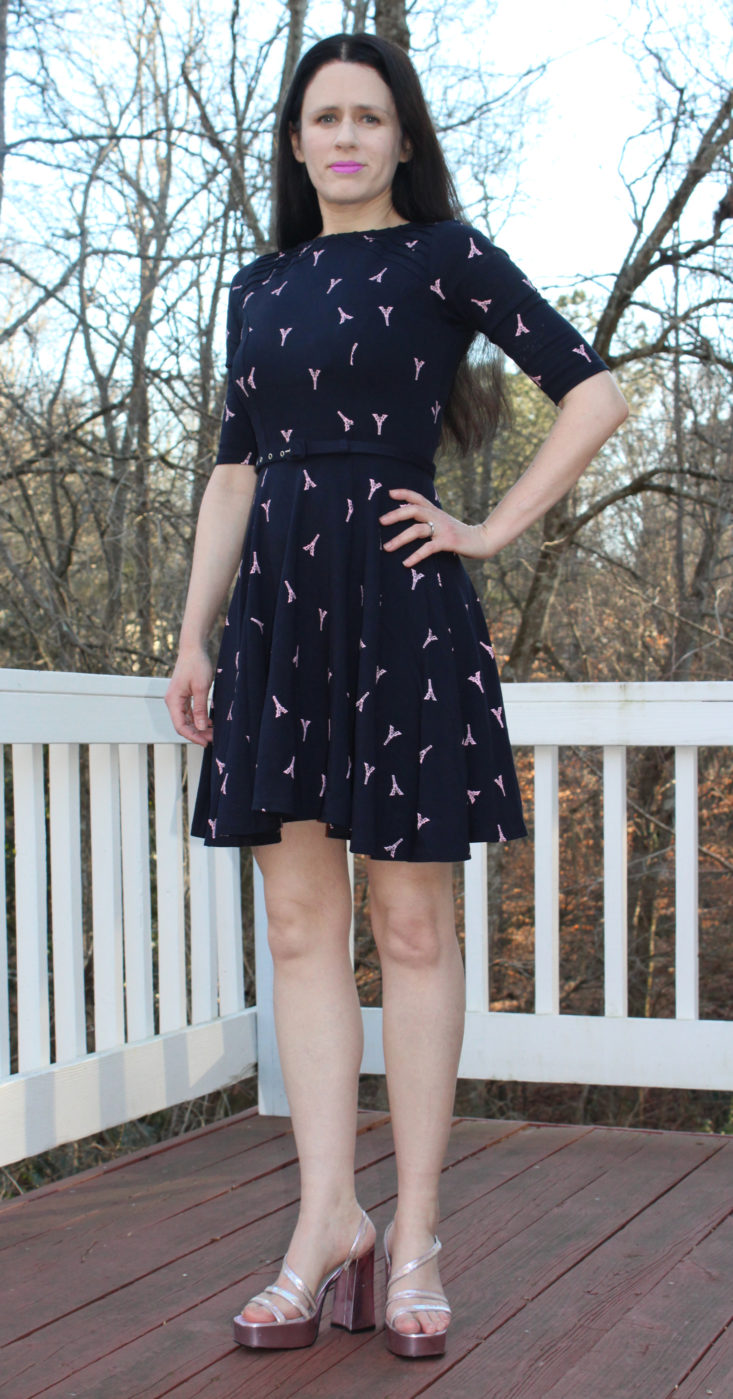 Unique Vintage Navy Blue and Pink Eiffel Tower Knit Flare Dress (size S) modeled
