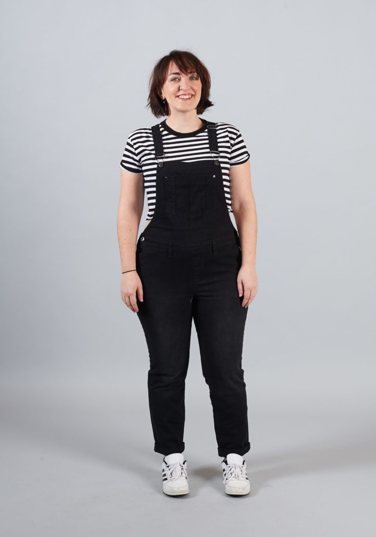 black overalls on model