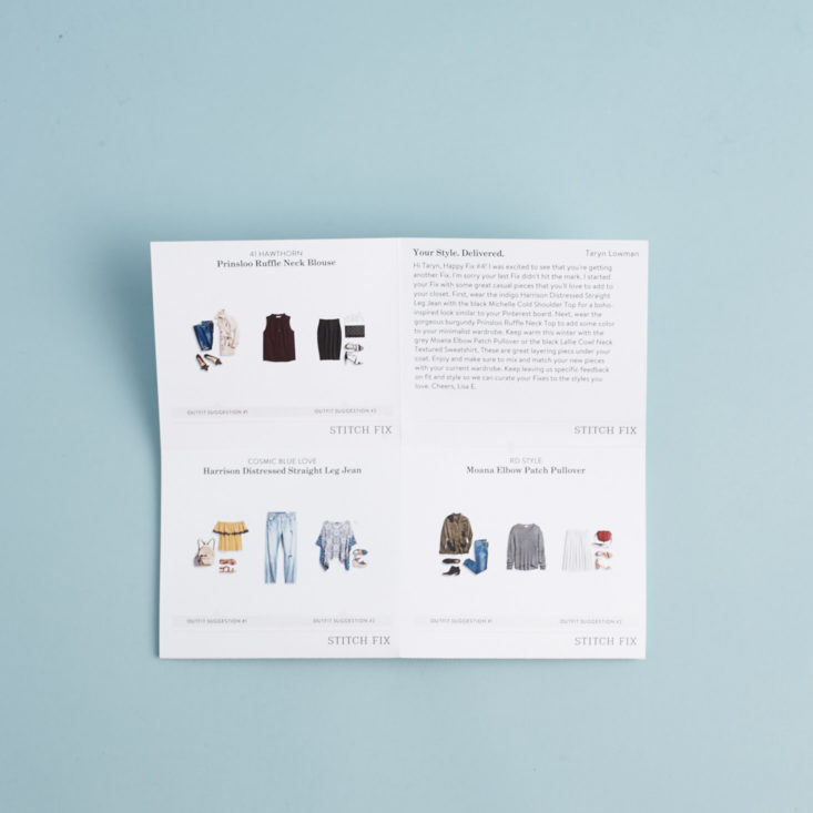 StitchFix Clothing Box February 2018 Stylist Card 2
