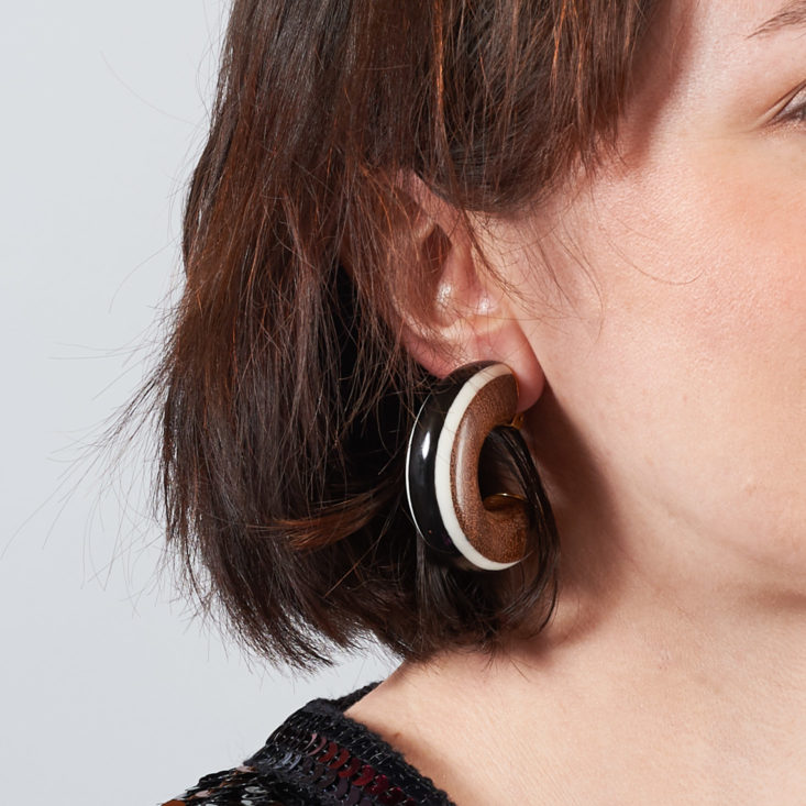 chunky wooden earring on model