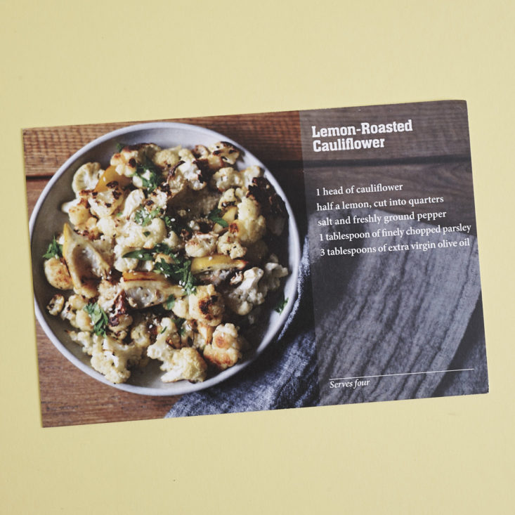 front of Recipe card for lemon roasted cauliflower