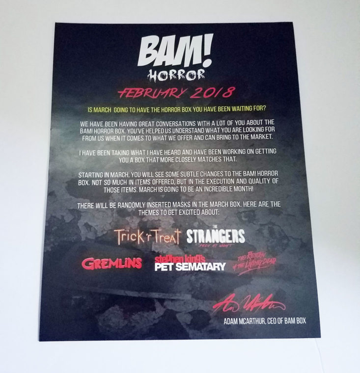 BAM! Horror Subscription Box February 2018 0004 card