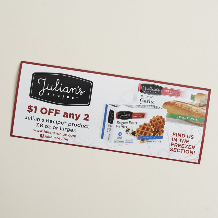 back of coupon for Julians Recipe belgian pastry waffles