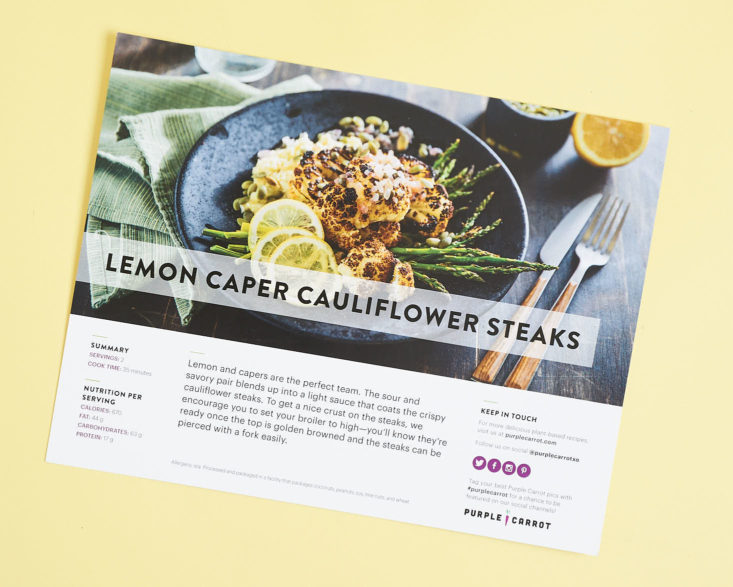 purple carrot lemon caper cauliflower steaks recipe card