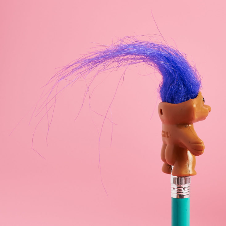 back of quirky crate troll doll pencil and pencil topper