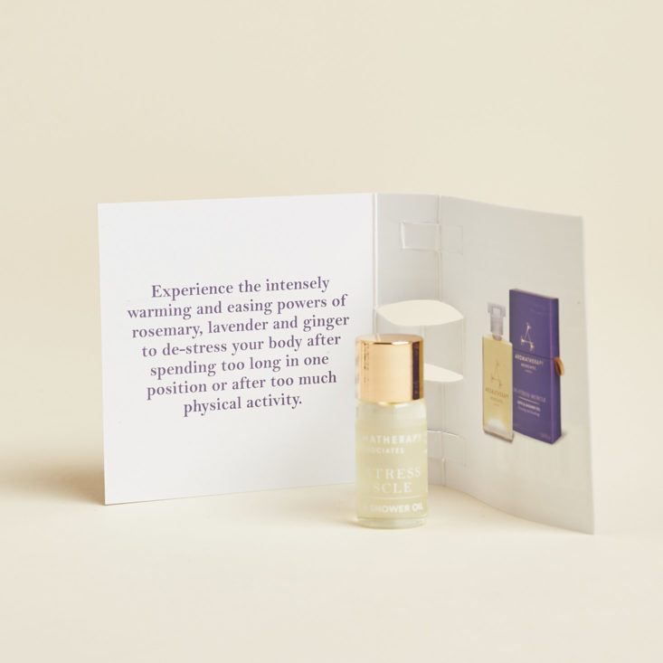 aromatherapy associates destress muscle bath and shower oil with description card