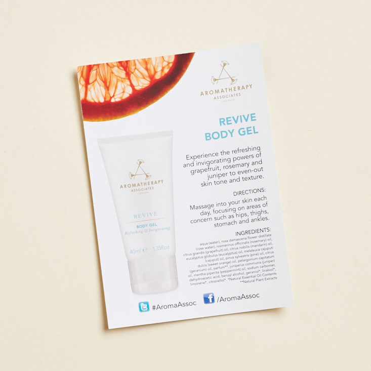 info card for aromatherapy associates revive body gel