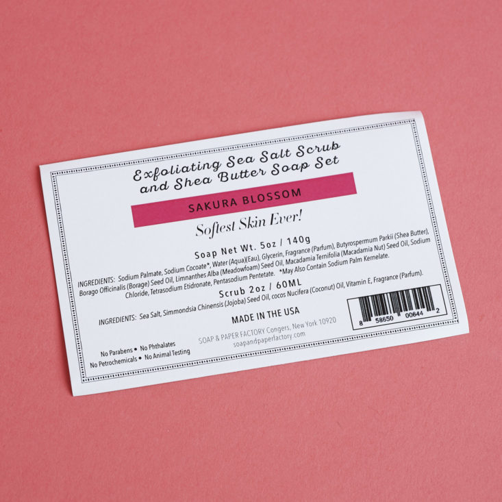 info card for Soap and Paper Company Sakura Scrub Set