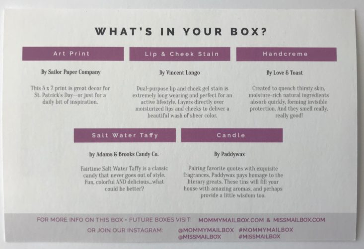 Mommy Mailbox Subscription Box Review March 2018 - 4)Insert Front