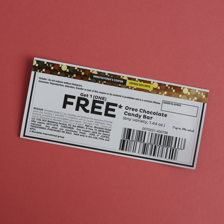 other side of Free OREO chocolate candy bar coupon