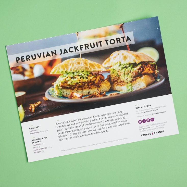 purple carrot recipe card for vegan peruvian jackfruit torta
