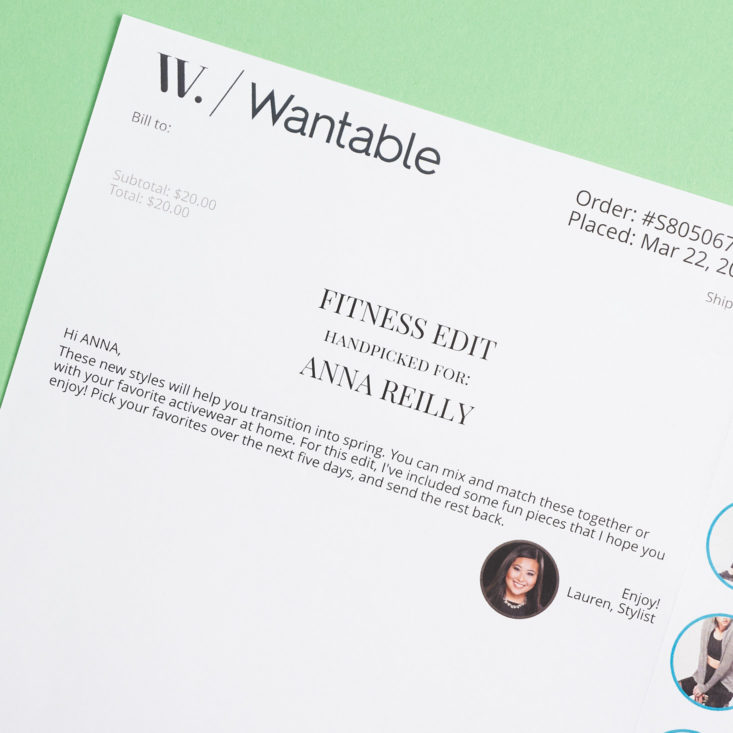 wantable fitness clothing subscription box april 2018 stylist note