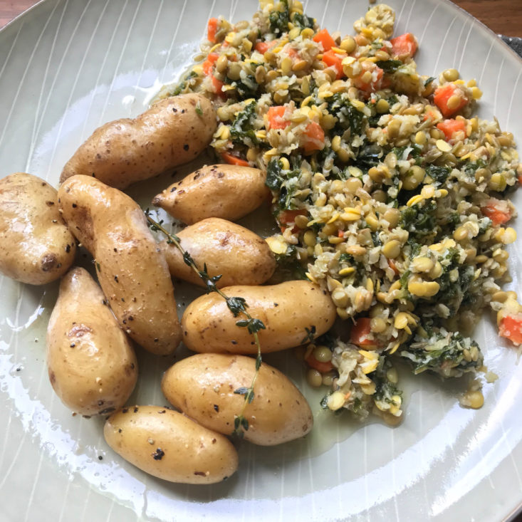 close up nof Lentil Salad with Cauliflower Rice and Kale and Fingerling Potatoes