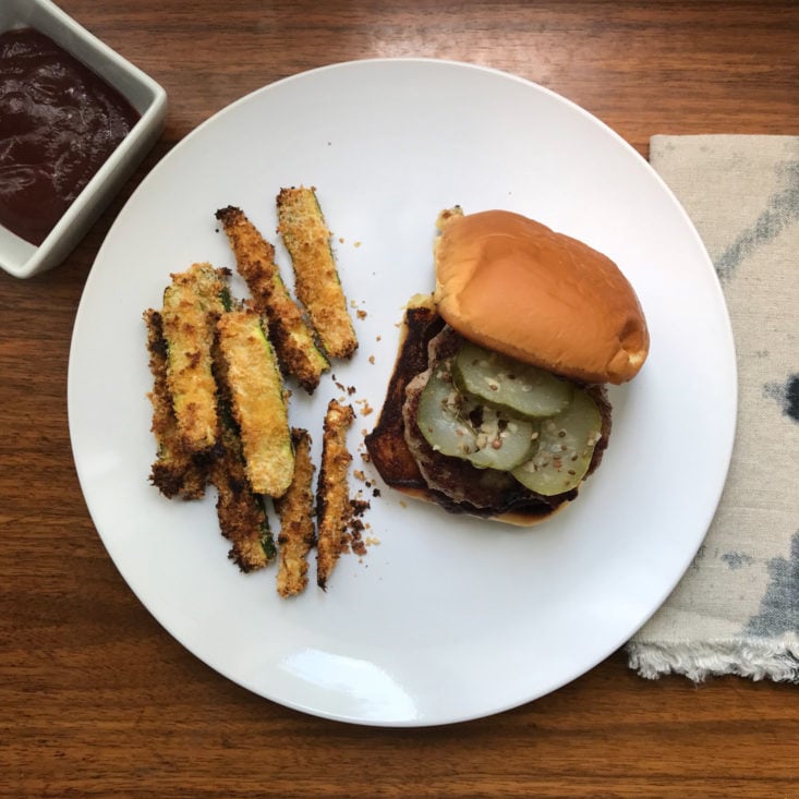 BBQ Pork Burgers with Crispy Zucchini Fries & Smoky Ketchup on plate