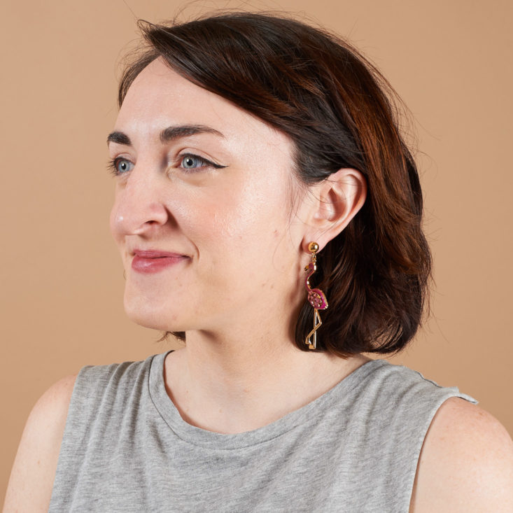 Earfleek premier tier silly and fun flamingo earring on model