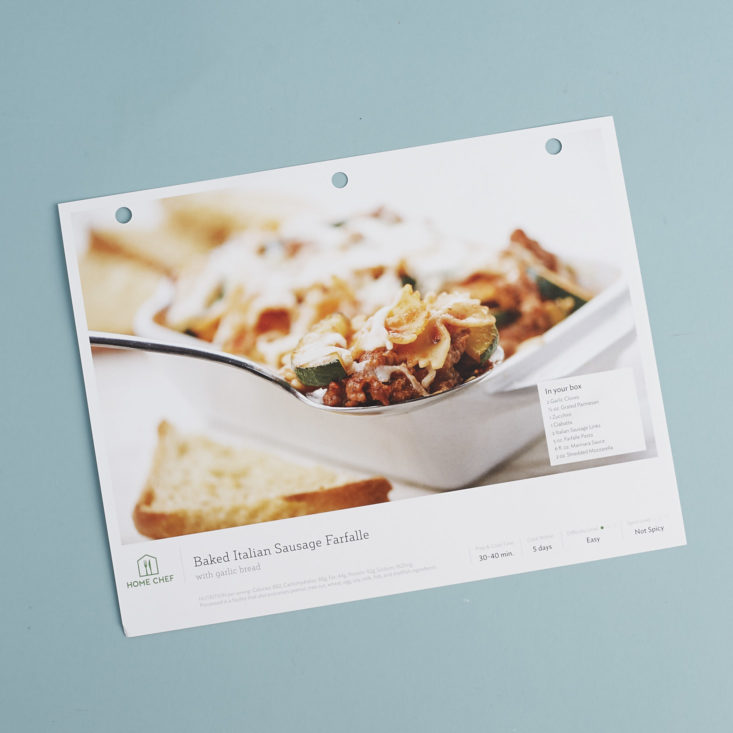 recipe card for Baked Italian Sausage Farfalle with garlic bread
