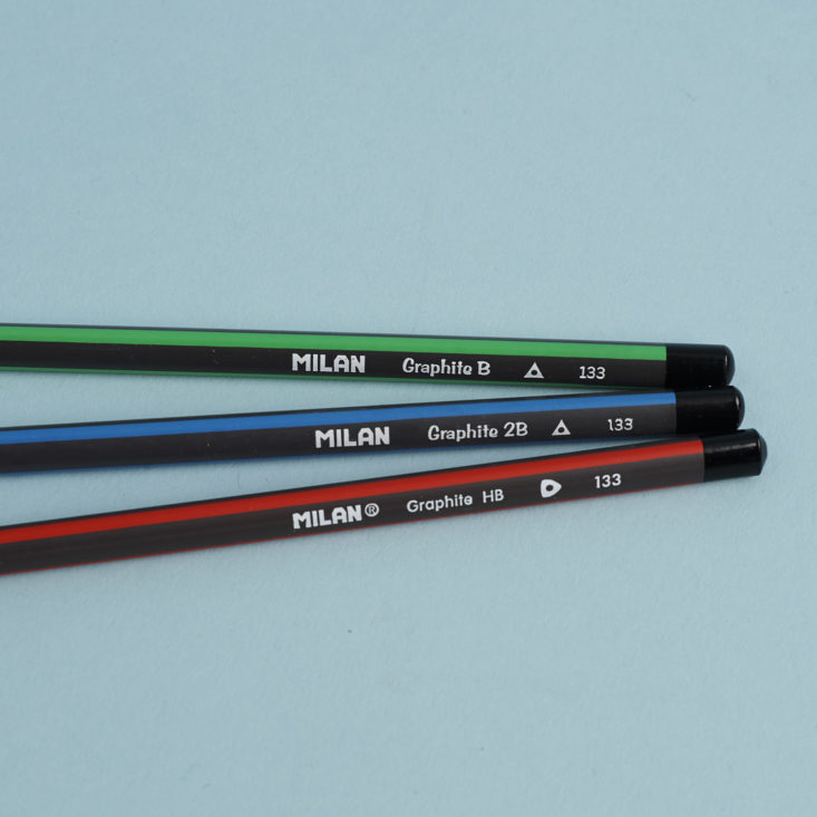 close up of three Milan Graphite B Pencils