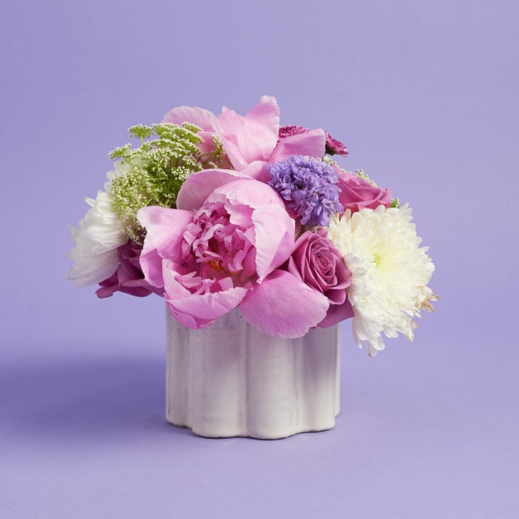 alternate view of french country arrangement showing peony
