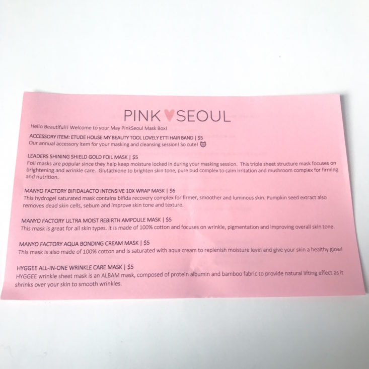 Pink Seoul Monthly Mask Box info sheet 1
