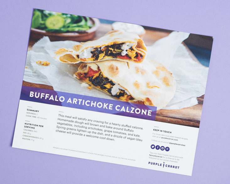 purple carrot artichoke calzone recipe card