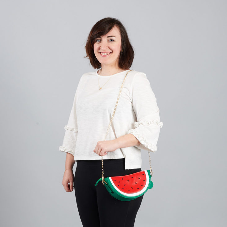 quirky crate purse on model