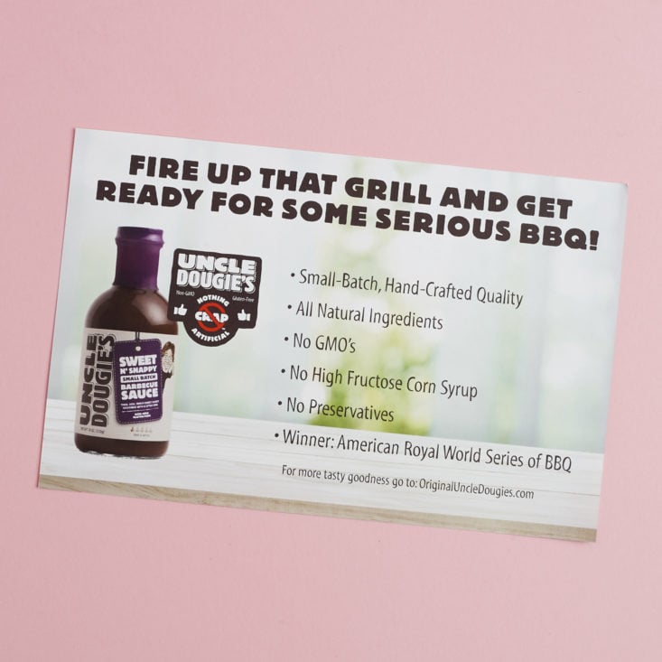 back of info card for Uncle Dougie's Sweet n Snappy BBQ sauce