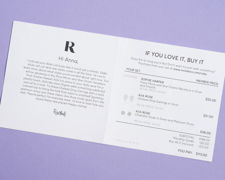 rocksbox note and product list