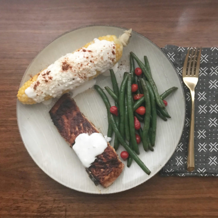 finished Mexican-Spiced Salmon & Green Beans with Corn on the Cob