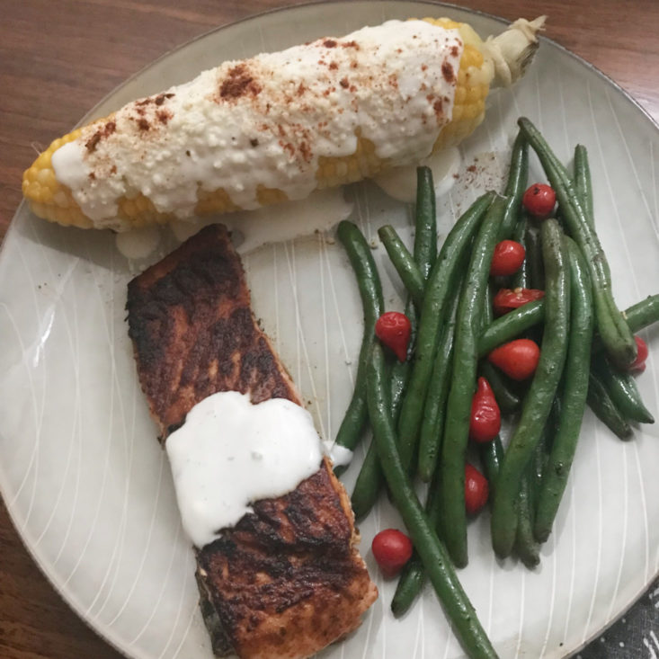 close up of finished Mexican-Spiced Salmon & Green Beans with Corn on the Cob
