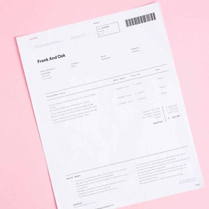 frank and oak invoice