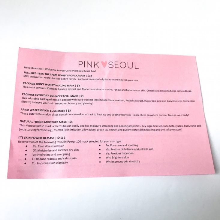 PinkSeoul Mask info sheet