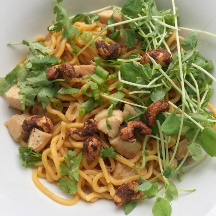 close up of Plated Soy-Glazed Chicken with Long Life Noodles, Sriracha Cashews, and Pea Shoots