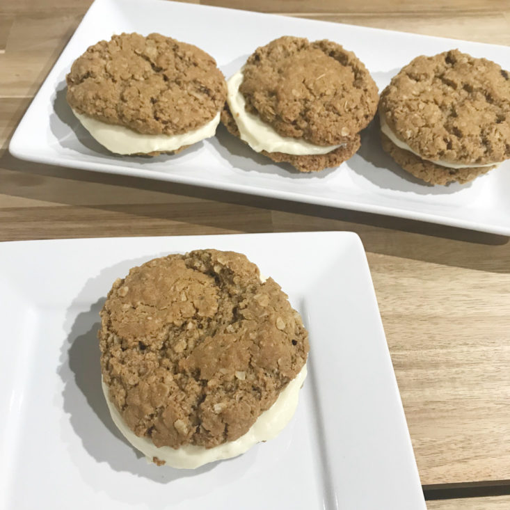Plated Oatmeal Cookie Sandwiches with Maple Buttercream